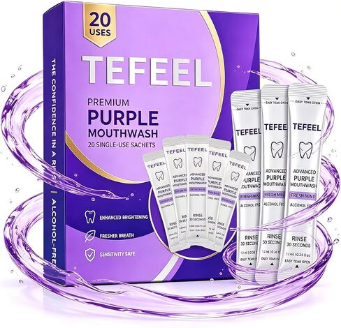 Purple Mouthwash Sachets for Teeth Whitening, Color Correcting Whitening Mouthwash, Alcohol & Peroxide Free Oral Rinse, Fresh Mint Travel Packets, 20 Count in Kuwait