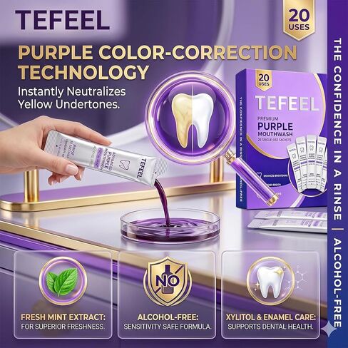 Purple Mouthwash Sachets for Teeth Whitening, Color Correcting Whitening Mouthwash, Alcohol & Peroxide Free Oral Rinse, Fresh Mint Travel Packets, 20 Count in Kuwait
