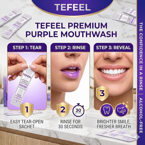Purple Mouthwash Sachets for Teeth Whitening, Color Correcting Whitening Mouthwash, Alcohol & Peroxide Free Oral Rinse, Fresh Mint Travel Packets, 20 Count in Kuwait