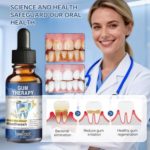 Gum Therapy Drops, Mint + Bee Venom Mouthwash, 50ML Gum Regeneration for Receding Gums Treatment, Stain Removal & Bad Breath Treatment for Adults, Instant Fresh Breath in Kuwait