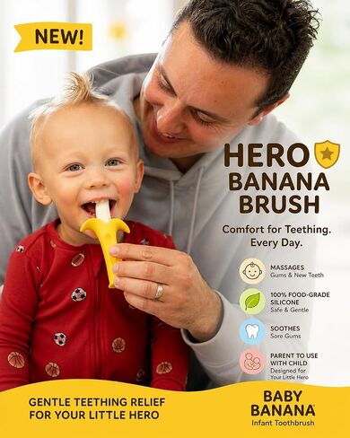فرشاة Hero Banana بمقبض مكتنز لقبضة أفضل؛ للآباء لتهدئة لثة الطفل وإزالة سكريات الحليب؛ جيد أيضًا للبالغين ذوي قوة الإمساك المنخفضة لتنظيف أسنانهم وتدليك اللثة. in Kuwait
