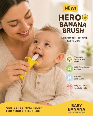 فرشاة Hero Banana بمقبض مكتنز لقبضة أفضل؛ للآباء لتهدئة لثة الطفل وإزالة سكريات الحليب؛ جيد أيضًا للبالغين ذوي قوة الإمساك المنخفضة لتنظيف أسنانهم وتدليك اللثة. in Kuwait