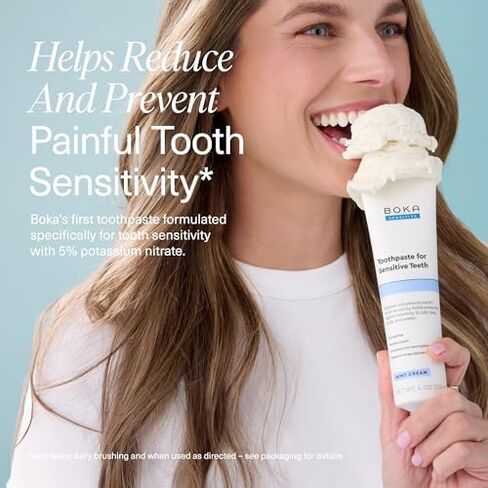 Boka Sensitive Toothpaste - Fluoride Free, 5% Potassium Nitrate, Nano Hydroxyapatite, 4oz with Boka Classic Manual Toothbrush with Extra Soft Activated-Charcoal, Tapered Bristles, Blue 1pk Bundle in Kuwait