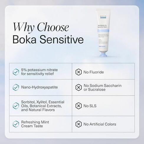 Boka Sensitive Toothpaste - Fluoride Free, 5% Potassium Nitrate, Nano Hydroxyapatite, 4oz with Boka Classic Manual Toothbrush with Extra Soft Activated-Charcoal, Tapered Bristles, Blue 1pk Bundle in Kuwait
