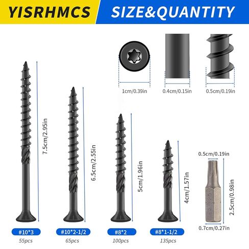 #8 * 1-1/2 Inch Deck Screws, (135pcs) Black Wood Screws, Rust Resistant Epoxy Coated, Carbon Steel, with T25 Torx Bits in Kuwait