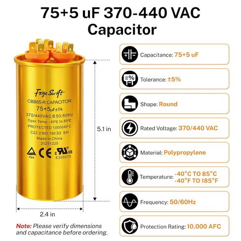 مكثف تشغيل مزدوج 75+5 فائق التوهج CBB65 370/440VAC عبوة واحدة | ±5% مكثف دائري يناسب التيار المتردد، المضخة الحرارية، الثلاجة والضاغط، أداء مستقر مقاوم لدرجات الحرارة العالية in Kuwait