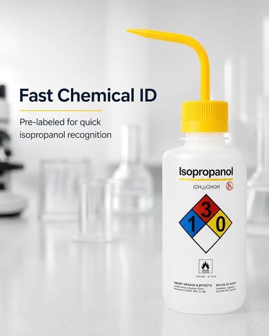 زجاجة غسيل للأيزوبروبانول، 500 مل LDPE، فتحة واسعة، ملصق مرمز بالألوان | تم اختبار الختم الخالي من التنقيط؛ علامات التخرج الدقيقة؛ التحكم في التدفق بيد واحدة؛ تعقيم بدرجة حرارة عالية in Kuwait