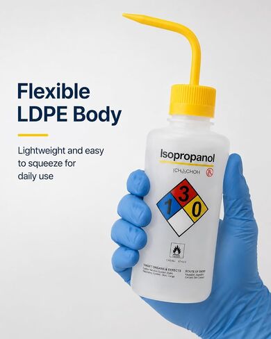 زجاجة غسيل للأيزوبروبانول، 500 مل LDPE، فتحة واسعة، ملصق مرمز بالألوان | تم اختبار الختم الخالي من التنقيط؛ علامات التخرج الدقيقة؛ التحكم في التدفق بيد واحدة؛ تعقيم بدرجة حرارة عالية in Kuwait