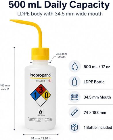 زجاجة غسيل للأيزوبروبانول، 500 مل LDPE، فتحة واسعة، ملصق مرمز بالألوان | تم اختبار الختم الخالي من التنقيط؛ علامات التخرج الدقيقة؛ التحكم في التدفق بيد واحدة؛ تعقيم بدرجة حرارة عالية in Kuwait