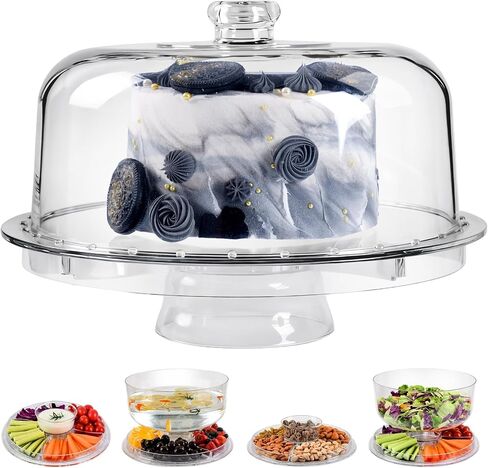 Cake Stand with Acrylic Dome Cover, 6-In-1 Multi-Purpose Cake Stand with Lid, 12.2", Acrylic Cake Stand, Veggie Platter, Salad Bowl, Dessert Platter, Punch Bowl, BPA Free in Kuwait