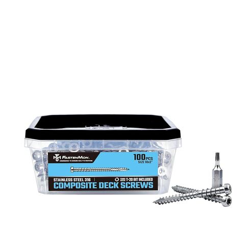 Composite Deck Screws, #10 x 2, 100PCS, Natural | 316 Stainless Steel, For PVC & Composite Decking, Flush Finish Cap Head, Reverse Thread, T20 Star Drive, Bit Included in Kuwait