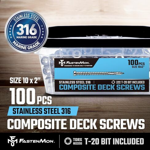 Composite Deck Screws, #10 x 2, 100PCS, Natural | 316 Stainless Steel, For PVC & Composite Decking, Flush Finish Cap Head, Reverse Thread, T20 Star Drive, Bit Included in Kuwait