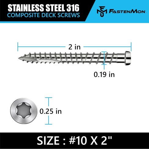 Composite Deck Screws, #10 x 2, 100PCS, Natural | 316 Stainless Steel, For PVC & Composite Decking, Flush Finish Cap Head, Reverse Thread, T20 Star Drive, Bit Included in Kuwait