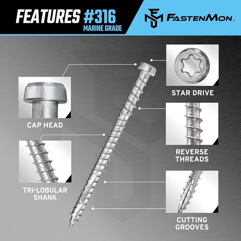 Composite Deck Screws, #10 x 2, 100PCS, Natural | 316 Stainless Steel, For PVC & Composite Decking, Flush Finish Cap Head, Reverse Thread, T20 Star Drive, Bit Included in Kuwait