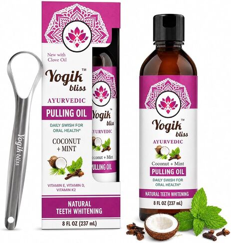 Coconut Mint Oil Pulling Mouthwash with Vitamins D3, E & K2 – Ayurvedic Oral Rinse with Peppermint, Clove & Tea Tree Oils for Fresh Breath, Teeth & Gum Care – Alcohol & Fluoride Free,Tongue Scraper in Kuwait