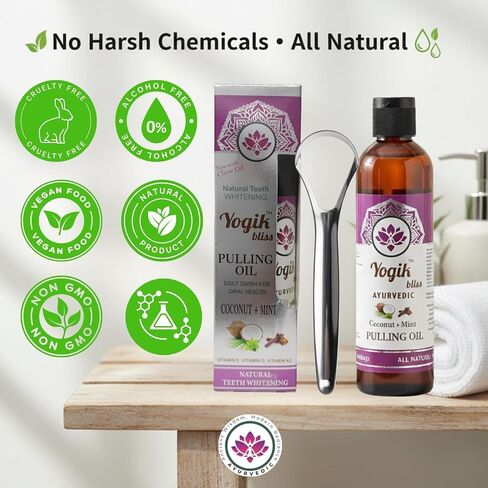 Coconut Mint Oil Pulling Mouthwash with Vitamins D3, E & K2 – Ayurvedic Oral Rinse with Peppermint, Clove & Tea Tree Oils for Fresh Breath, Teeth & Gum Care – Alcohol & Fluoride Free,Tongue Scraper in Kuwait
