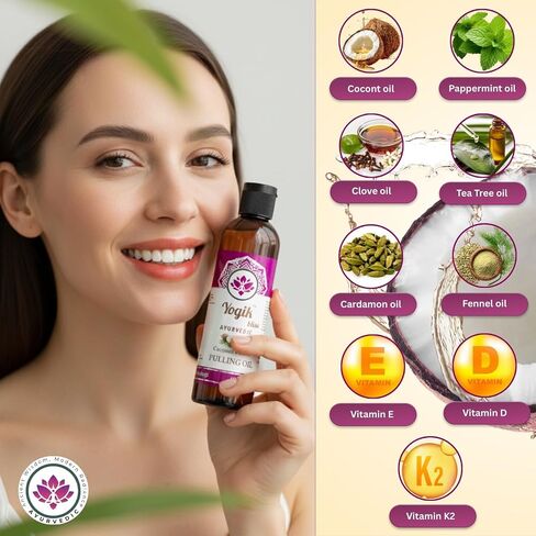 Coconut Mint Oil Pulling Mouthwash with Vitamins D3, E & K2 – Ayurvedic Oral Rinse with Peppermint, Clove & Tea Tree Oils for Fresh Breath, Teeth & Gum Care – Alcohol & Fluoride Free,Tongue Scraper in Kuwait