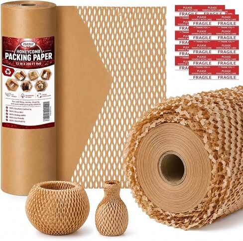 Honeycomb Packing Paper, Bubble Cushioning Wrap Alternative for Moving & Gift Wrapping, Includes 20 Fragile Sticker Labels (12Inchx100Feet) in Kuwait