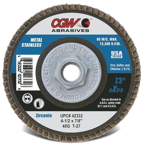 أقراص كشط CGW 42342، Z3-100% زركونيا، XL، 4 1/2 بوصة، 40 حبيبة، 7/8 أربور، 13,300 دورة في الدقيقة، T27 (10 عبوات) in Kuwait