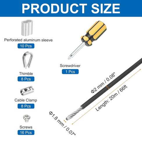 MECCANIXITY 1Set 66ft Wire Rope 304 Stainless Steel Cable, 3/32" 2mm Vinyl Coated with Cable Clamp, Aluminum Sleeves and Thimble for Railing, Decking, Hanging, Clothes Lines, Black 20m in Kuwait