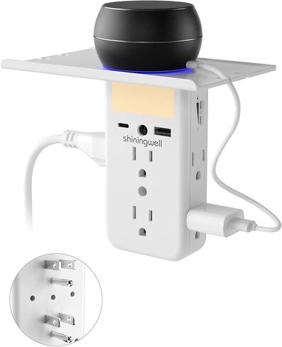 موسع مخرج حائطي مع رف وإضاءة ليلية، موسع متعدد المقابس على الحائط مع 2 USB (1A+1C) و6 منافذ تيار متردد، موزع كهربائي مسطح ثلاثي الجوانب للاستخدام المنزلي والمكتب، أبيض in Kuwait