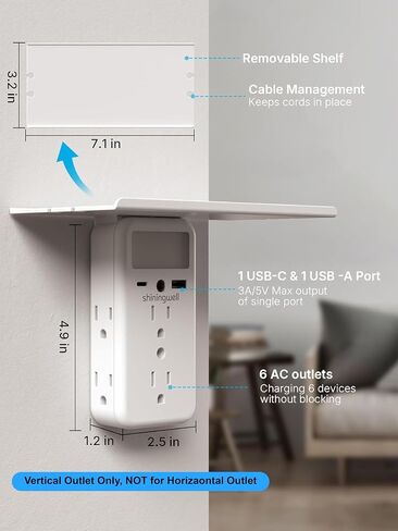 موسع مخرج حائطي مع رف وإضاءة ليلية، موسع متعدد المقابس على الحائط مع 2 USB (1A+1C) و6 منافذ تيار متردد، موزع كهربائي مسطح ثلاثي الجوانب للاستخدام المنزلي والمكتب، أبيض in Kuwait