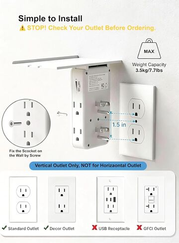 موسع مخرج حائطي مع رف وإضاءة ليلية، موسع متعدد المقابس على الحائط مع 2 USB (1A+1C) و6 منافذ تيار متردد، موزع كهربائي مسطح ثلاثي الجوانب للاستخدام المنزلي والمكتب، أبيض in Kuwait