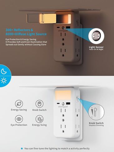 موسع مخرج حائطي مع رف وإضاءة ليلية، موسع متعدد المقابس على الحائط مع 2 USB (1A+1C) و6 منافذ تيار متردد، موزع كهربائي مسطح ثلاثي الجوانب للاستخدام المنزلي والمكتب، أبيض in Kuwait
