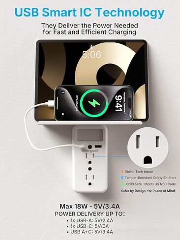 موسع مخرج حائطي مع رف وإضاءة ليلية، موسع متعدد المقابس على الحائط مع 2 USB (1A+1C) و6 منافذ تيار متردد، موزع كهربائي مسطح ثلاثي الجوانب للاستخدام المنزلي والمكتب، أبيض in Kuwait