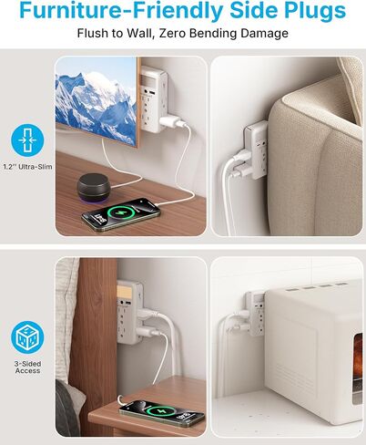 موسع مخرج حائطي مع رف وإضاءة ليلية، موسع متعدد المقابس على الحائط مع 2 USB (1A+1C) و6 منافذ تيار متردد، موزع كهربائي مسطح ثلاثي الجوانب للاستخدام المنزلي والمكتب، أبيض in Kuwait