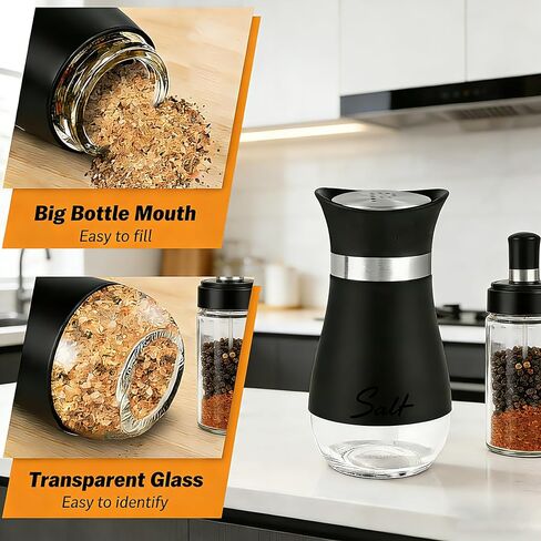 Salt and Pepper Shakers 2pcs set with Holer, 4.2 oz Kitchen Salt Pepper Containers with Glass Bottom for Camp, Cooking in Kuwait