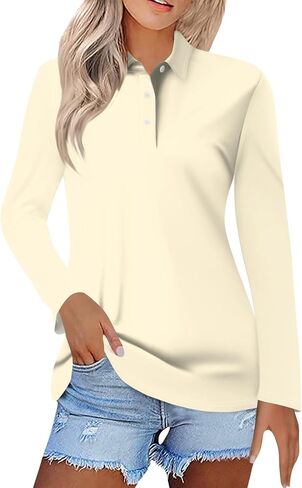 Women's Summer Blouses, Long Sleeve Button V-Neck Polo Shirts Lightweight Quick Dry Business Casual Tops, S-3XL in Kuwait