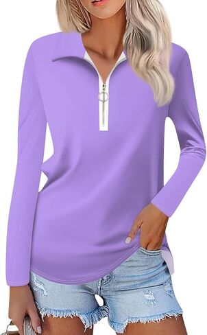 Women's Summer Tops, Long Sleeve Zipper V Neck Polo T-Shirts Business Casual Collared Loose Blouses, S-3XL in Kuwait