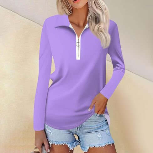 Women's Summer Tops, Long Sleeve Zipper V Neck Polo T-Shirts Business Casual Collared Loose Blouses, S-3XL in Kuwait