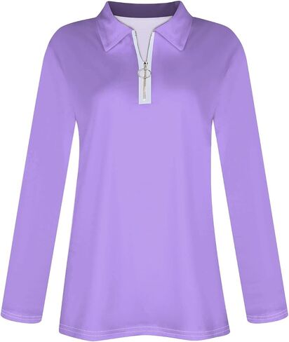 Women's Summer Tops, Long Sleeve Zipper V Neck Polo T-Shirts Business Casual Collared Loose Blouses, S-3XL in Kuwait