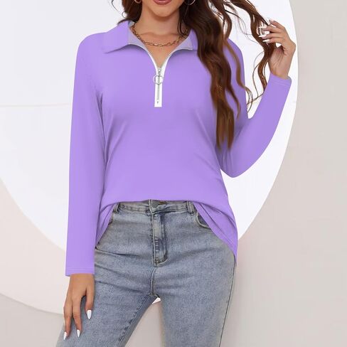 Women's Summer Tops, Long Sleeve Zipper V Neck Polo T-Shirts Business Casual Collared Loose Blouses, S-3XL in Kuwait