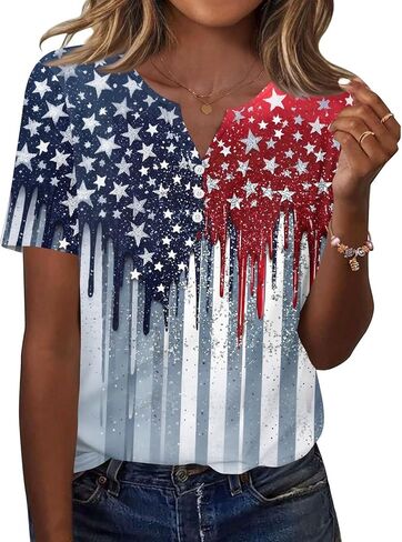 WENKOMG1 Women's 250 Years America Shirt Short Sleeve USA Flag Print Summer Casual Patriotic Blouse, S-3XL in Kuwait