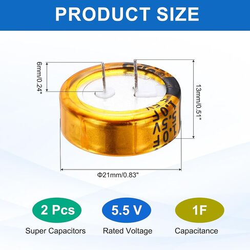 MECCANIXITY Super Capacitor، 5.5V 1F C-Type Button Capacitor، طاقة عالية، مقاومة منخفضة، تناسق عالٍ للألعاب الإلكترونية، شاشة عرض ذكية لمحرك التيار المتردد (ذهبي، حزمة من 2) in Kuwait