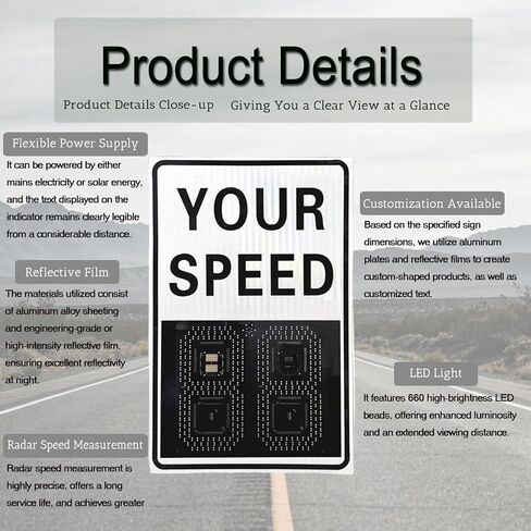 Solar Radar Speed Sign,Panel LED,Wireless Display With Instant Feedback And Remote Control,Ip65,Applicable To Highways,Speed-Limited Roads(20x28") in Kuwait