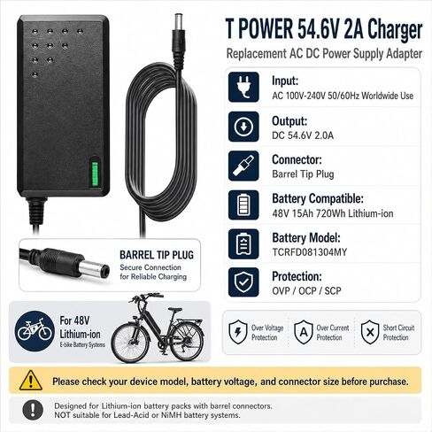 54.6V Charger for Velectrec 1000W Peak Electric Bike Aelith DriftGod Windhorse Qnut Movcan Cybervelo FunHang Taluscondor 48V 15Ah 720Wh Lithium-ion Battery E-Bike Power Supply Adapter in Kuwait