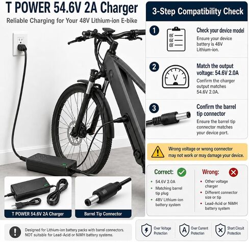 54.6V Charger for Velectrec 1000W Peak Electric Bike Aelith DriftGod Windhorse Qnut Movcan Cybervelo FunHang Taluscondor 48V 15Ah 720Wh Lithium-ion Battery E-Bike Power Supply Adapter in Kuwait