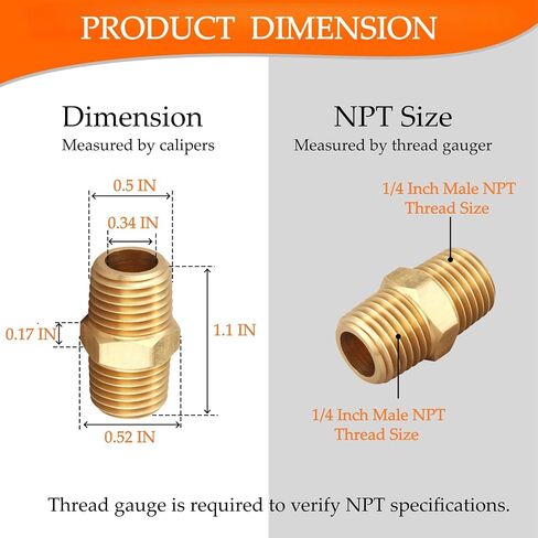 2 PCS Brass Pipe Fitting Hex Nipple, NPT 1/4" Male to 1/4" Male Adapter | Heavy Duty Solid Brass, Hex Union Extension Connector for Air Gas Fuel Lines, Air Hose, Precision Threads, Leak-Free in Kuwait