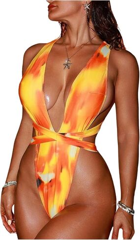 SweatyRocks Women's Crisscross One Piece Swimsuit Deep V Neck High Cut Bathing Suit Swimwear in Kuwait