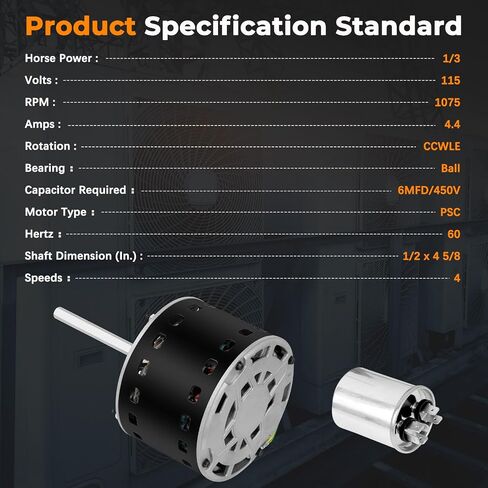 فرن محرك منفاخ مع مكثف 5KCP39GG-Z183S 1/3 HP 115V متوافق مع الناقل، مناسب لمحرك مكيف التيار المتردد Bryant Payne HC41AE117 (HVAC 60 هرتز 1075 دورة في الدقيقة 4 سرعات) in Kuwait