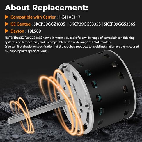 فرن محرك منفاخ مع مكثف 5KCP39GG-Z183S 1/3 HP 115V متوافق مع الناقل، مناسب لمحرك مكيف التيار المتردد Bryant Payne HC41AE117 (HVAC 60 هرتز 1075 دورة في الدقيقة 4 سرعات) in Kuwait