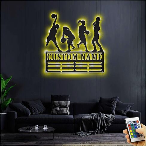 TIZE Metal Sign Custom Name-Custom Netball Medal Holder LED Light, Personalized Netball Player Name Medal Hanger, Netball Medal Display Awards Sign, Custom Netball Sign,16 color led light in Kuwait