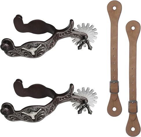 Western Cowboy Spurs with Leather Belt - German Silver Antique Riding Spurs with Hand Carved Details & Rotating Rowel for Horseback Riding, Competition & Show in Kuwait