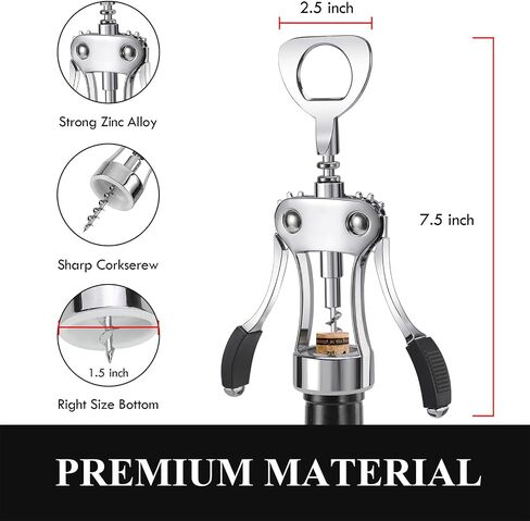 Wine Opener, Heavy-Duty Zinc Alloy Wing Corkscrew, Premium Beer Bottle Opener, Multifunctional Wine Accessories with Ergonomic Handle and Sharp Screw, for Kitchen, Bar, Restaurant, Bartenders in Kuwait