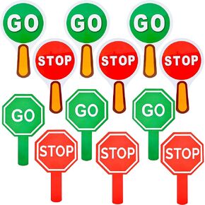 12 Pcs Stop and Go Sign Double Sided Handle Guard Road Signs Waterproof Crossing Stop Sign for Kids Teaching Traffic Safety Green Red Light, 2 Styles in Kuwait