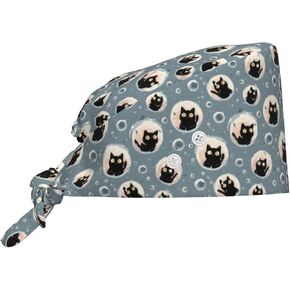 Black Cat in Bubbles Cute Print Scrub Caps Women Men, Adjustable Nurse Cap Surgical Caps Scrub Hats for Women Men, Working Cap with Buttons for Hanging Face Masks in Kuwait